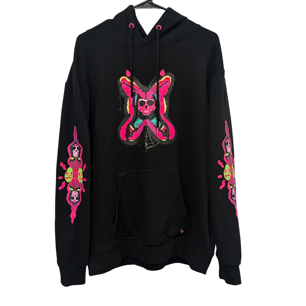Vitriol Mens Skull Butterfly Graphic Hoodie Black Neon Pink Small Streetwear